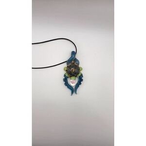Hand-Blown Glass Pendant Necklace Blue Green Opal Accent Black Cord